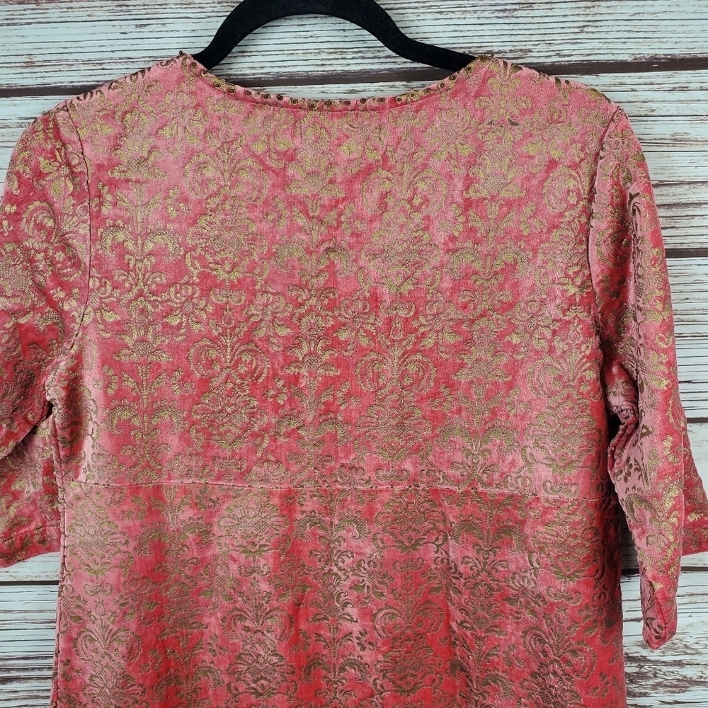 NWT April Cornell Womens XS Salmon/Gold Velvet Damask Embossed 3/4 Sleeve Dress - Picture 9 of 11